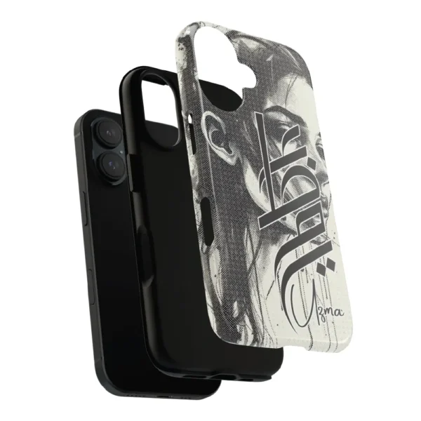 Uzma name in BinMahmood original Arabic fusion calligraphy in grey ink on a dual-layer protective phone case, white background product view — mouse-crafted by BinMahmood