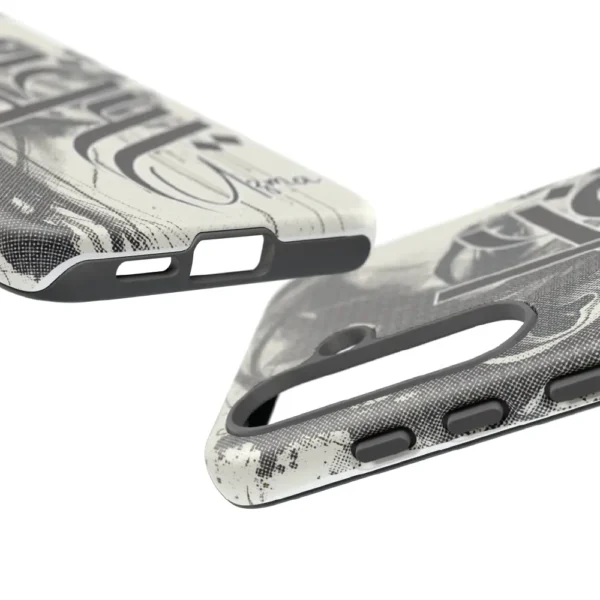 Uzma name in BinMahmood original Arabic fusion calligraphy in grey ink on a dual-layer protective phone case, white background product view — mouse-crafted by BinMahmood