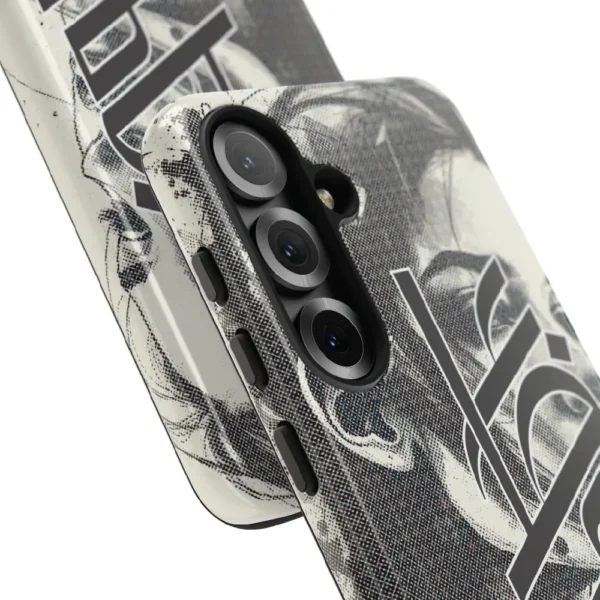 Uzma name in BinMahmood original Arabic fusion calligraphy in grey ink on a dual-layer protective phone case, white background product view — mouse-crafted by BinMahmood