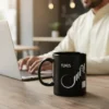 Yunus personalized black coffee mug with Arabic calligraphy, styled on a wooden desk