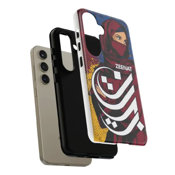 mobile phone cover with Zeenat name Arabic Typography by BinMahmood with various angles showing the durable mobile cover