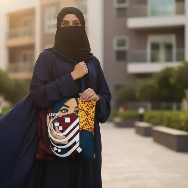 A beautiful lifestyle composition showing the Zeenat personalized calligraphy tote bag carried by a woman carried by a modest woman wearing abaya, hijab and niqab