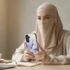 Asma name in BinMahmood original Arabic fusion calligraphy in plum purple on a mobile phone case, held by a modest woman in abaya and hijab — mouse-crafted by BinMahmood