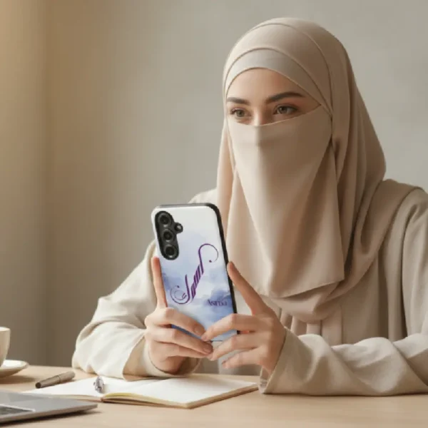 Asma name in BinMahmood original Arabic fusion calligraphy in plum purple on a mobile phone case, held by a modest woman in abaya and hijab — mouse-crafted by BinMahmood