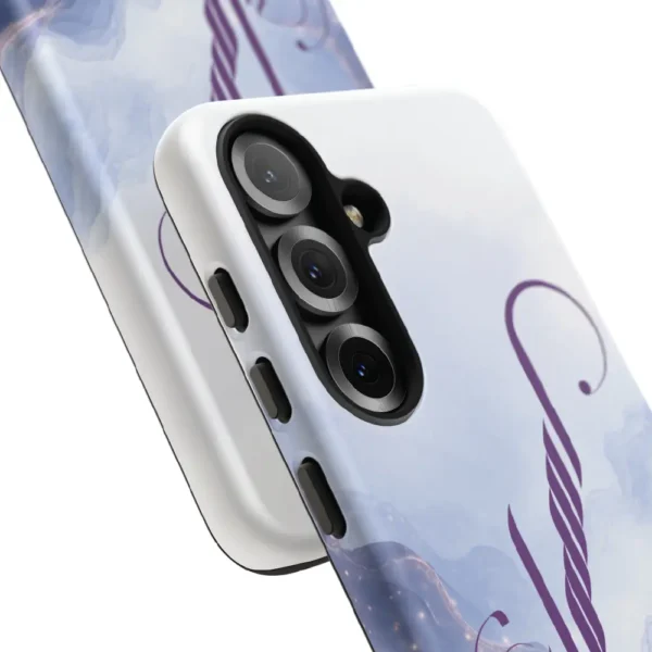 Asma name in BinMahmood original Arabic fusion calligraphy in plum purple on a dual-layer protective mobile phone case, marble cloud texture background, white product view — mouse-crafted by BinMahmood