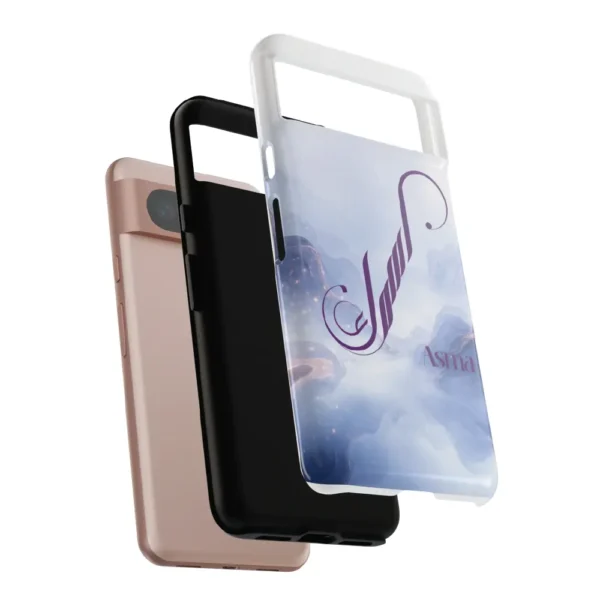 Asma name in BinMahmood original Arabic fusion calligraphy in plum purple on a dual-layer protective mobile phone case, marble cloud texture background, white product view — mouse-crafted by BinMahmood