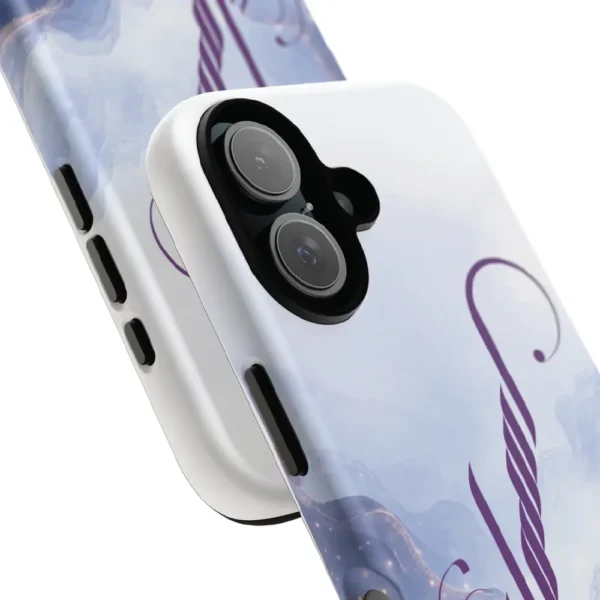 Asma name in BinMahmood original Arabic fusion calligraphy in plum purple on a dual-layer protective mobile phone case, marble cloud texture background, white product view — mouse-crafted by BinMahmood