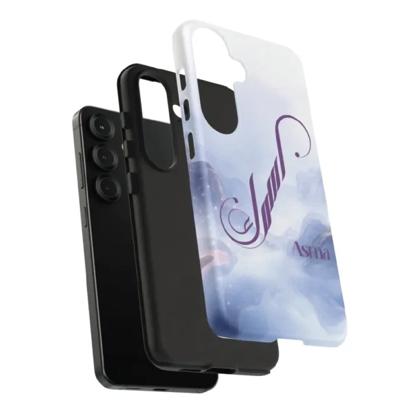 Asma name in BinMahmood original Arabic fusion calligraphy in plum purple on a dual-layer protective mobile phone case, marble cloud texture background, white product view — mouse-crafted by BinMahmood
