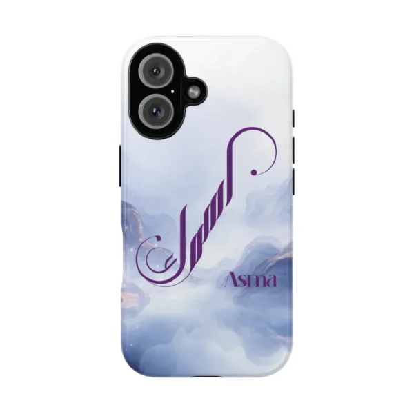 Asma name in BinMahmood original Arabic fusion calligraphy in plum purple on a dual-layer protective mobile phone case, marble cloud texture background, white product view — mouse-crafted by BinMahmood