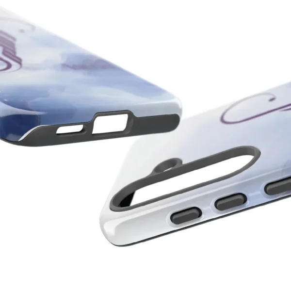Asma name in BinMahmood original Arabic fusion calligraphy in plum purple on a dual-layer protective mobile phone case, marble cloud texture background, white product view — mouse-crafted by BinMahmood