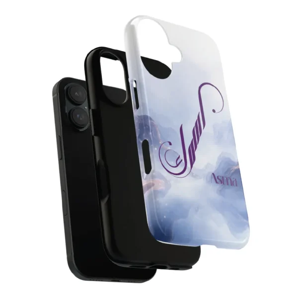 Asma name in BinMahmood original Arabic fusion calligraphy in plum purple on a dual-layer protective mobile phone case, marble cloud texture background, white product view — mouse-crafted by BinMahmood