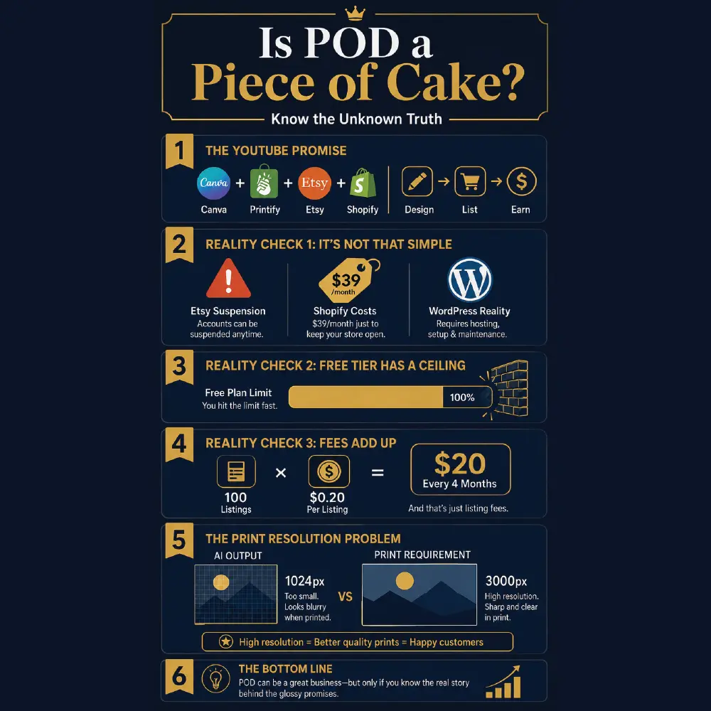 Vertical editorial infographic titled Is POD a Piece of Cake Know the Unknown Truth, dark navy and warm gold color palette, six sections showing the POD journey: the YouTube promise with platform icons in a Design to List to Earn flow, Etsy suspension warning with Shopify monthly cost and WordPress logo, free tier ceiling shown as a progress bar hitting a wall, listing fee math showing 100 items at 20 cents equals 20 dollars every four months, and the print resolution problem comparing 1024 pixel AI output against 3000 pixel print requirement, created for BinMahmood POD Reality Series Part 1