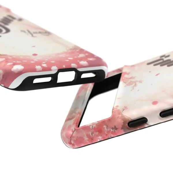 Isolated front product view of the Yusra tailored dual layer tough case over a transparent background showing precise camera cutouts and full wrap glossy print by BinMahmood.