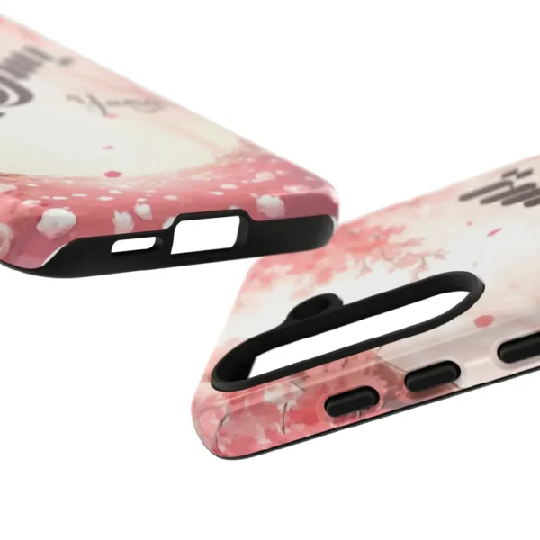 Isolated front product view of the Yusra tailored dual layer tough case over a transparent background showing precise camera cutouts and full wrap glossy print by BinMahmood.