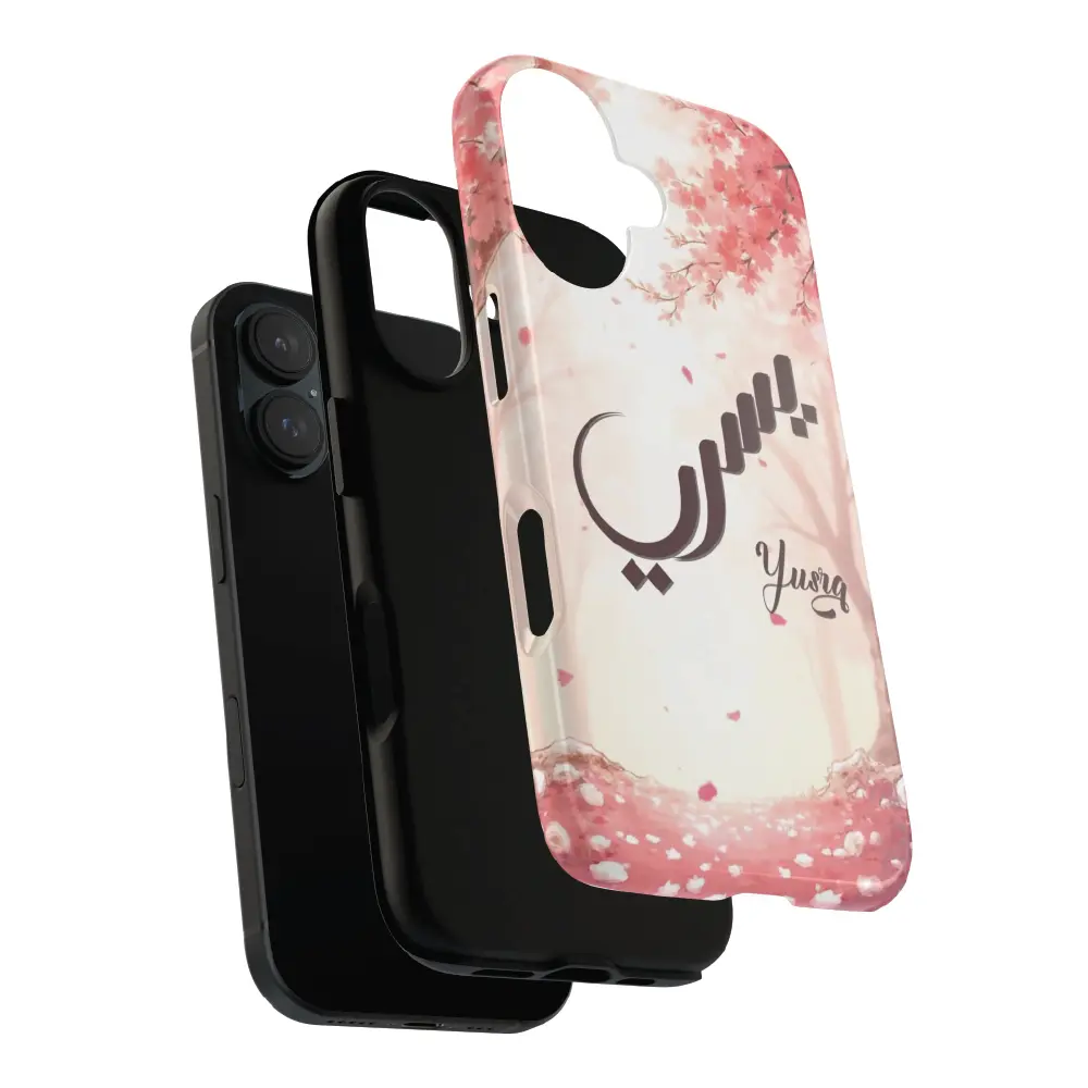 Isolated front product view of the Yusra tailored dual layer tough case over a transparent background showing precise camera cutouts and full wrap glossy print by BinMahmood.