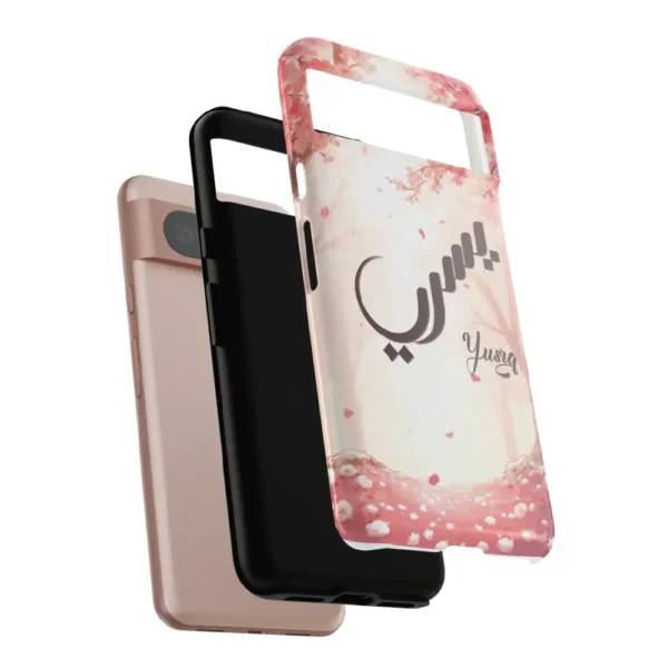 Isolated front product view of the Yusra tailored dual layer tough case over a transparent background showing precise camera cutouts and full wrap glossy print by BinMahmood.