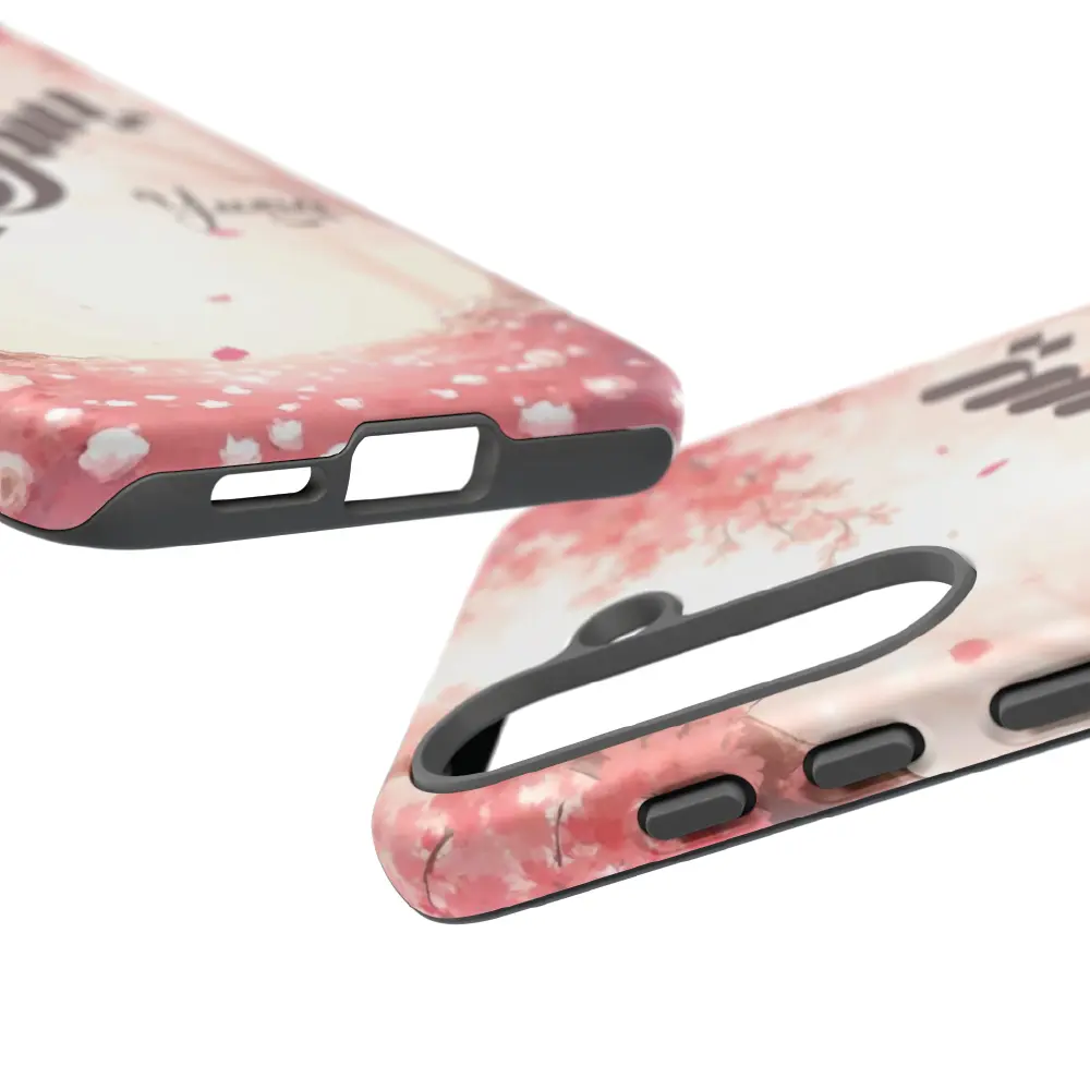 Isolated front product view of the Yusra tailored dual layer tough case over a transparent background showing precise camera cutouts and full wrap glossy print by BinMahmood.