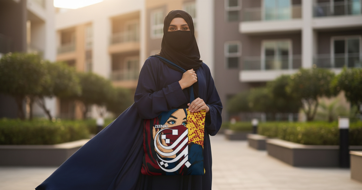 Zeenat Collection canvas tote bag featuring urban pop art and digital Arabic calligraphy in a modern fusion design by BinMahmood