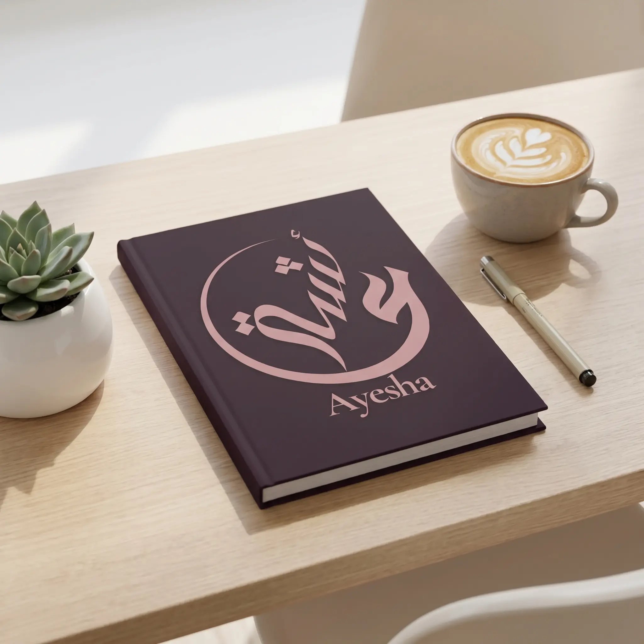Ayesha personalized Arabic calligraphy journal with gold lettering, styled flat lay on a wooden desk with coffee and plant