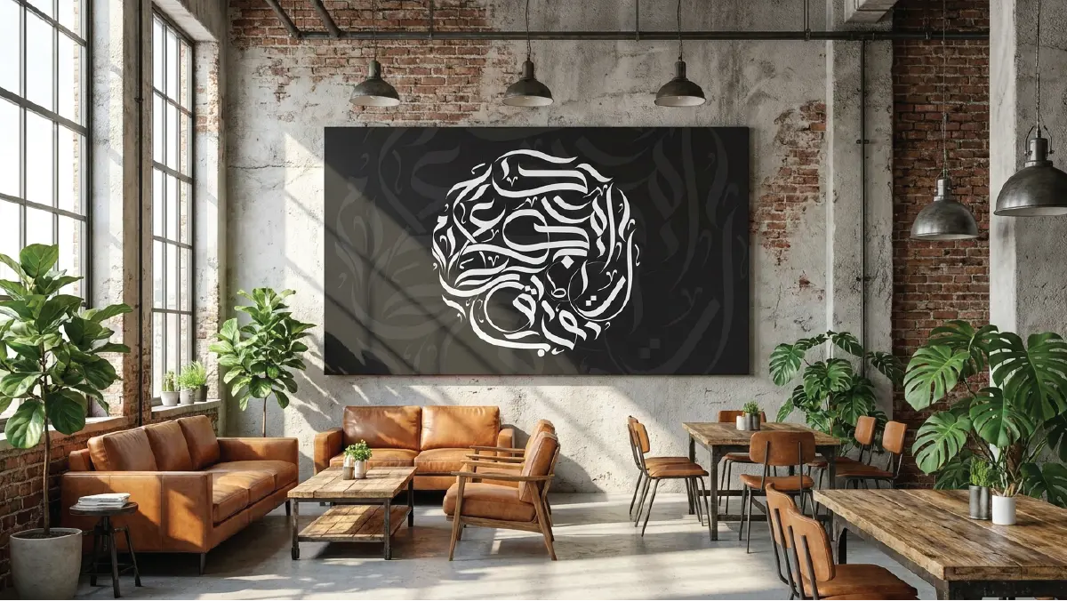 Large 16:9 horizontal canvas with white Al Wissam Arabic calligraphy on a textured charcoal background, featuring faint 20% opacity background strokes, mounted on a red brick wall in a bright industrial cafe setting.