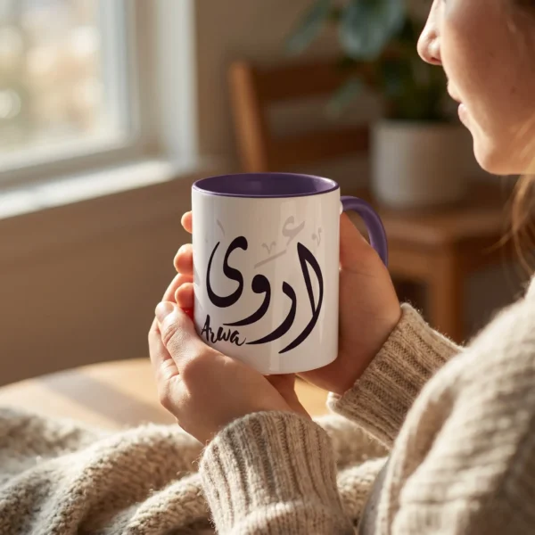 Model holding Arwa Arabic name mug with purple handle and white background, custom Arabic calligraphy coffee mug