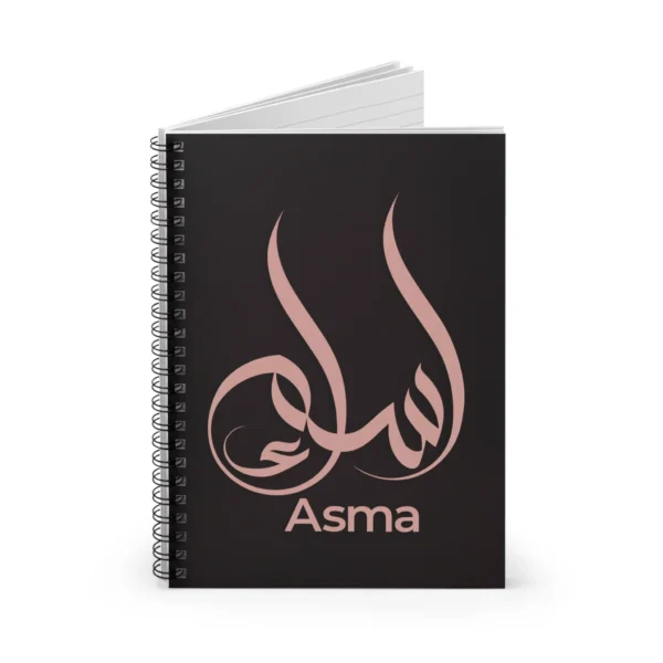 Product mockup with white background for Asma personalized Arabic name calligraphy in Al Wissam script notebook - binmahmood