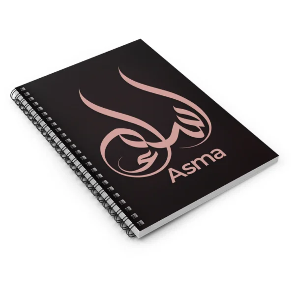 Product mockup with white background for Asma personalized Arabic name calligraphy in Al Wissam script notebook - binmahmood