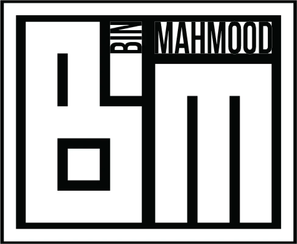 Official logo for BinMahmood LLC, featuring modern digital Arabic and Urdu calligraphy fusion art.