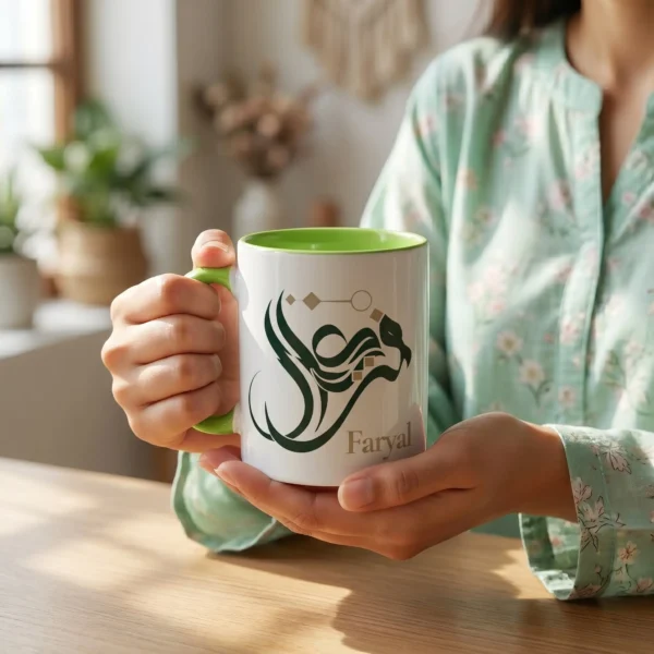 Model wearing mint green floral suit holding in hand Faryal Arabic name mug with green handle and white background, personalized Islamic calligraphy gift binmahmood