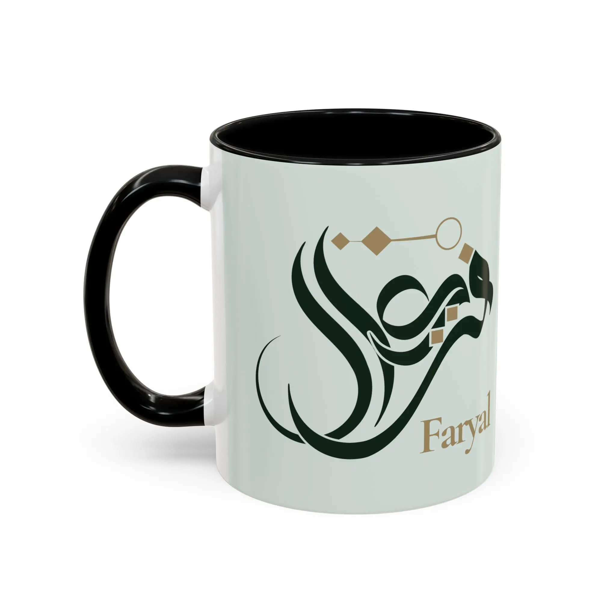 Faryal Arabic name mug with black handle and white background, personalized Islamic calligraphy gift binmahmood