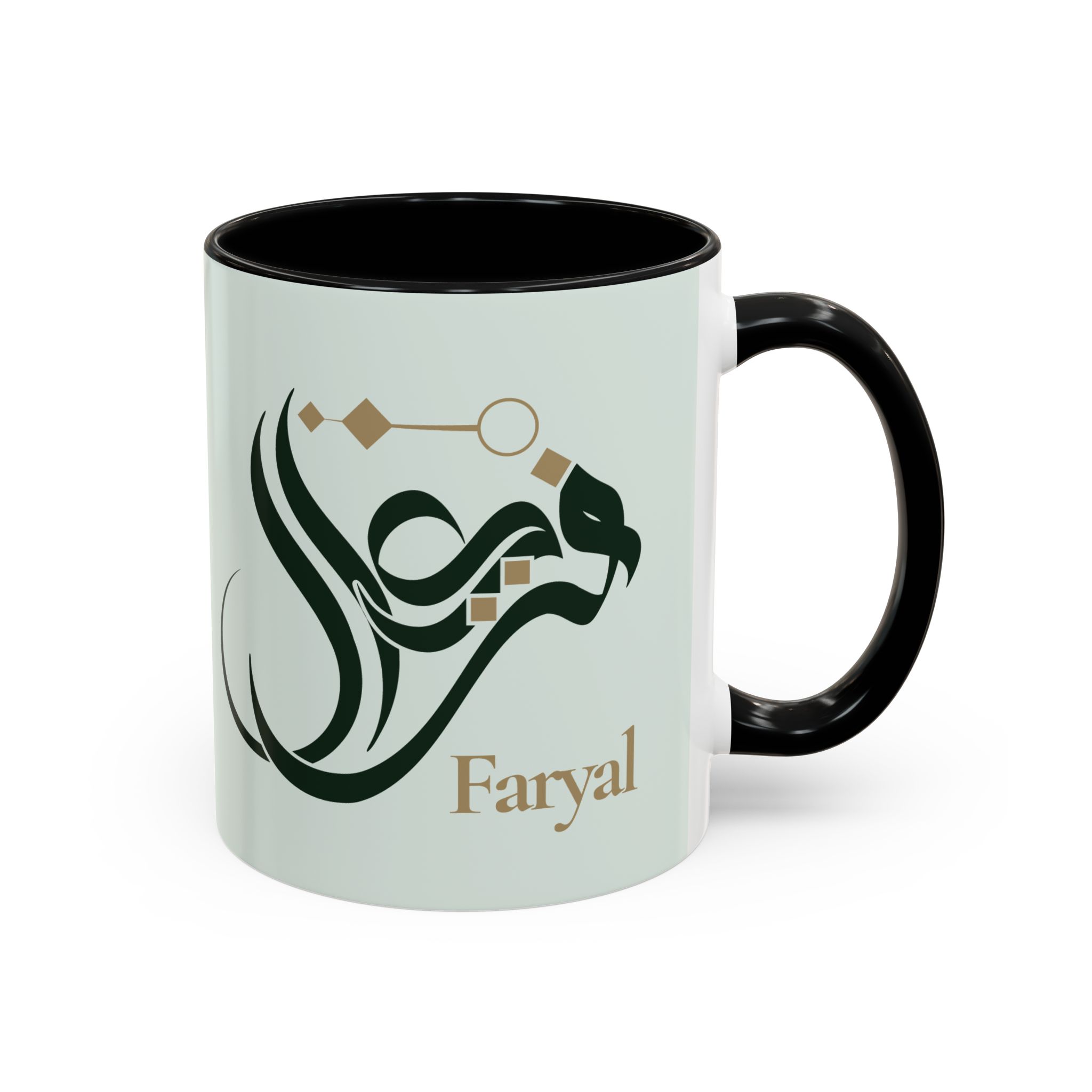 Faryal Arabic name mug with black handle and white background, personalized Islamic calligraphy gift binmahmood