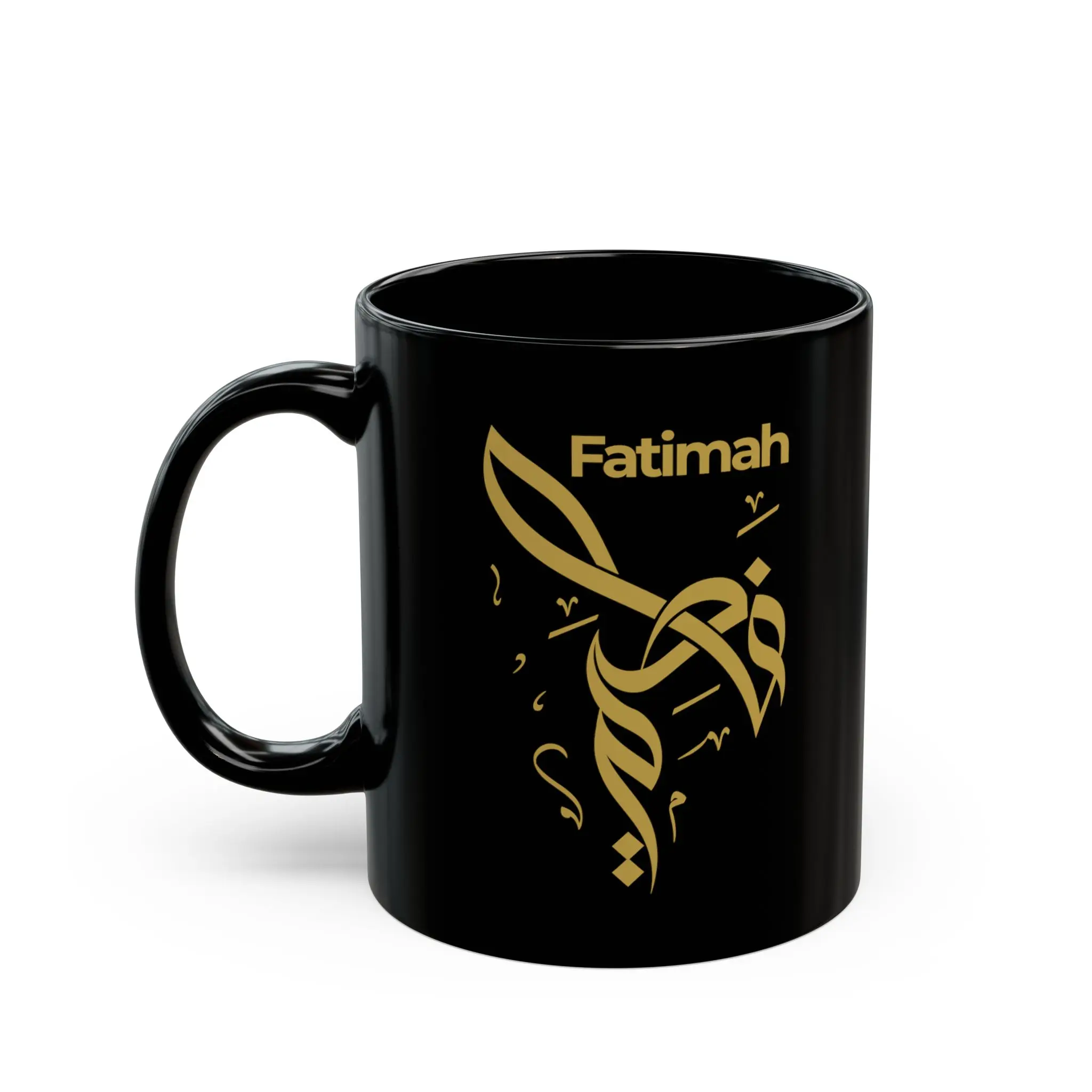 Personalized Fatimah name mug in black ceramic featuring custom gold Arabic calligraphy and Latin typography, shown on a pure white background.