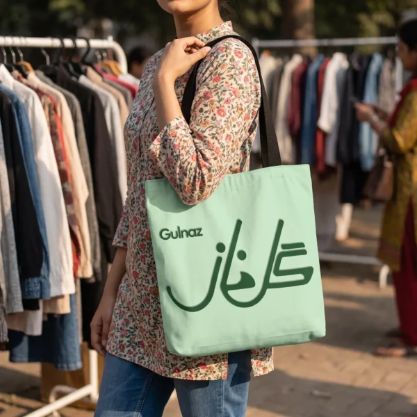 Product photoshoot of Gulnaz personalized Persian Urdu Fusion calligraphy mint and forest green tone tote bag held shoulder down by a model at a thrift bazar - tote size 16"X16" - binmahmood