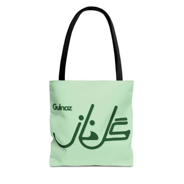Product Printify mockup with white background for Gulnaz personalized Fusion Persian - Urdu calligraphy tote - Mint and Forest Green combination - binmahmood
