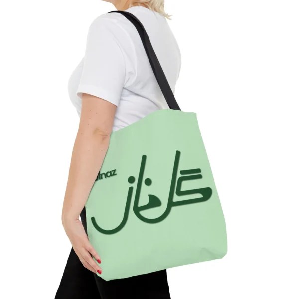 Product Printify mockup with white background for Gulnaz personalized Fusion Persian - Urdu calligraphy tote - Mint and Forest Green combination - binmahmood