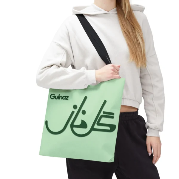 Product Printify mockup with white background for Gulnaz personalized Fusion Persian - Urdu calligraphy tote - Mint and Forest Green combination - binmahmood