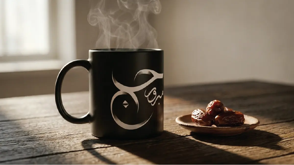 Black ceramic mug with Haj Mabroor Arabic calligraphy in shaded Fusion style, hand-drawn digitally by binmahmood