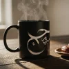 Black ceramic mug with Haj Mabroor Arabic calligraphy in shaded Fusion style, hand-drawn digitally by binmahmood
