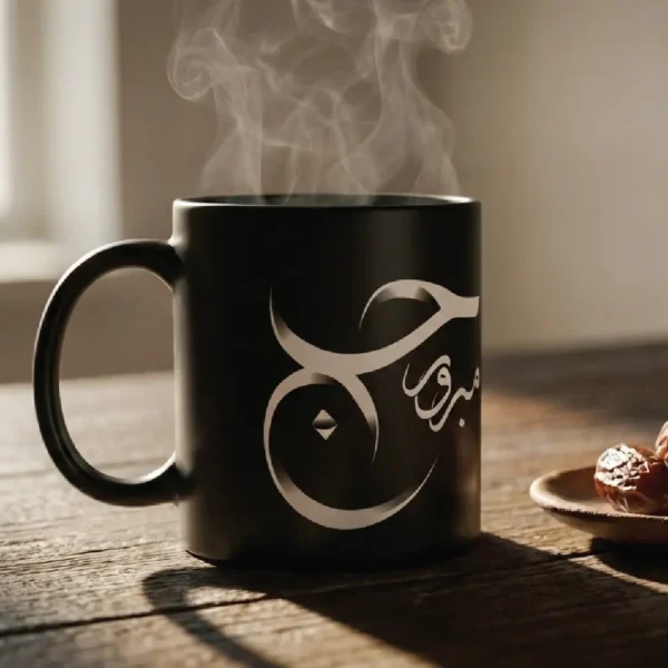 Black ceramic mug with Haj Mabroor Arabic calligraphy in shaded Fusion style, hand-drawn digitally by binmahmood
