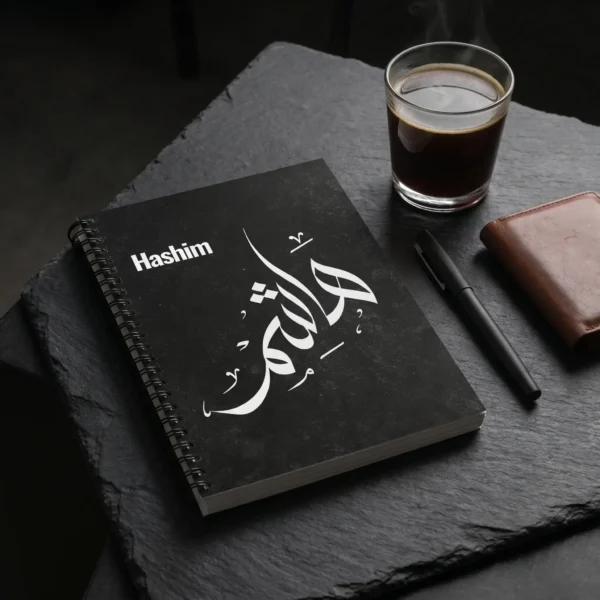 Product photoshoot of Hashim personalized Arabic name calligraphy notebook, lay flat on a placed on a dark slate surface with a minimal industrial feel - binmahmood