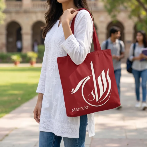 Product photography of Mahrukh personalized Arabic Fusion calligraphy Carmine Red and Frost White tone tote bag held shoulder down by a model at a university campus - tote size 16"X16" - binmahmood