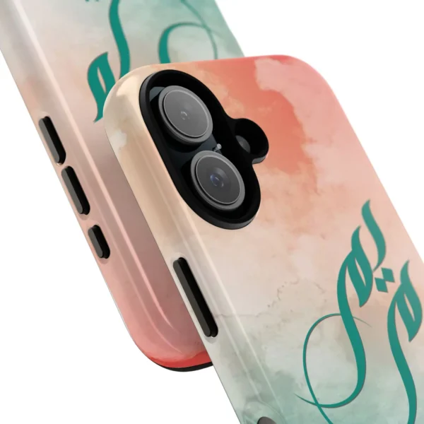 Product mockup with white background with different angles and closeup for Maryam Arabic Fusion Calligraphy Phone Cover