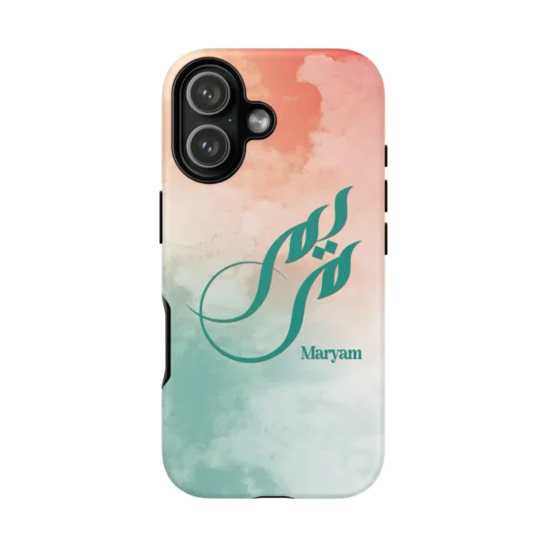 Product mockup with white background with different angles and closeup for Maryam Arabic Fusion Calligraphy Phone Cover