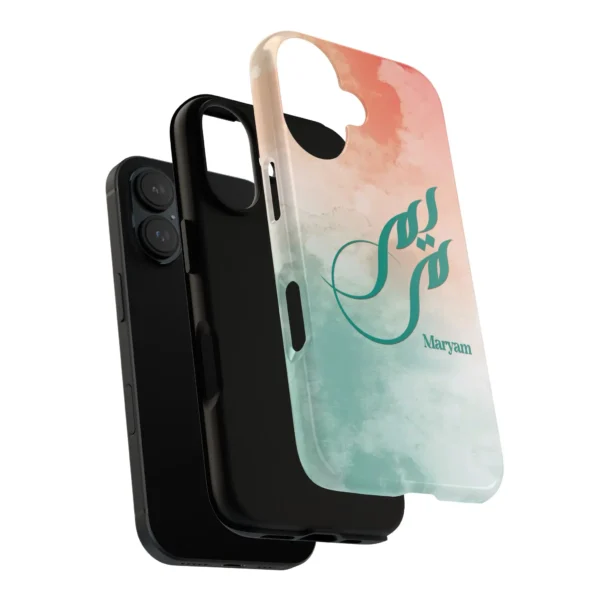 Product mockup with white background with different angles and closeup for Maryam Arabic Fusion Calligraphy Phone Cover