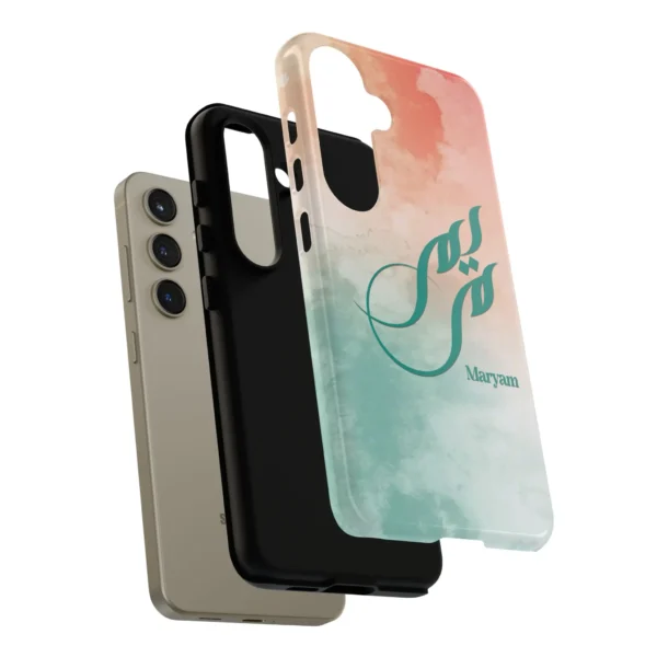 Product mockup with white background with different angles and closeup for Maryam Arabic Fusion Calligraphy Phone Cover