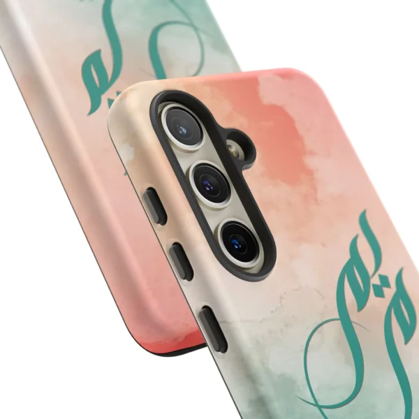 Product mockup with white background with different angles and closeup for Maryam Arabic Fusion Calligraphy Phone Cover