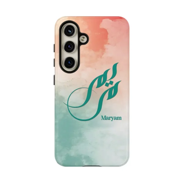 Product mockup with white background with different angles and closeup for Maryam Arabic Fusion Calligraphy Phone Cover