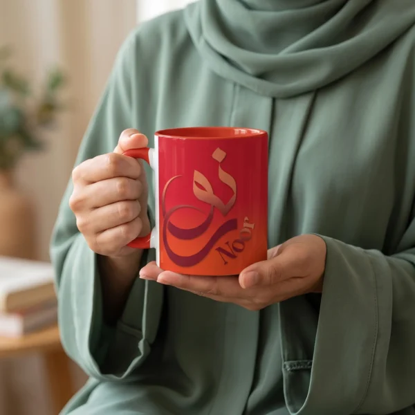 Product photoshoot of a Noor personalized Arabic Sunbuli calligraphy two tone mug with red handle and interior, held by a model in hands wearing a loose fit modest abaya, shoulder down image - binmahmood