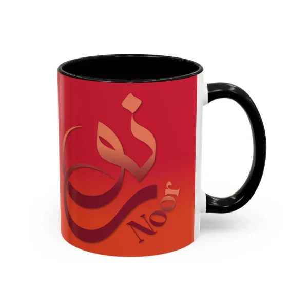 Product mockup different angle images of Noor personalized Arabic Sunbuli name calligraphy two tone mug with white background - binmahmood