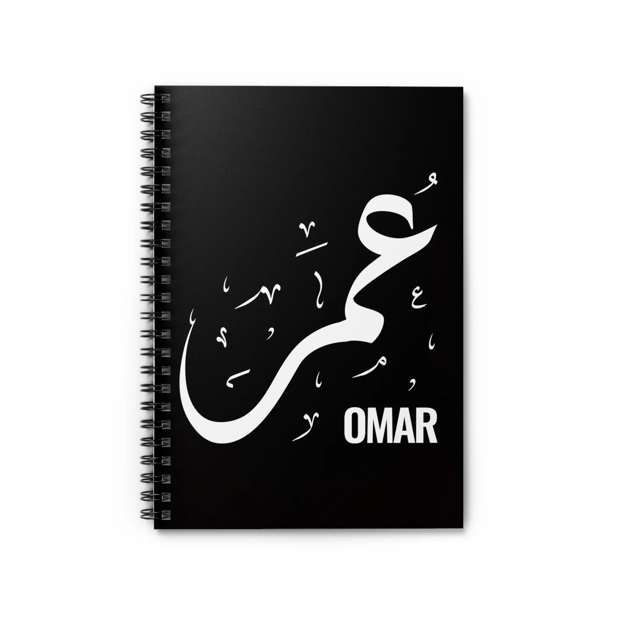 Product mockup of Omar personalized Arabic name Diwani calligraphy notebook - various angles images - binmahmood